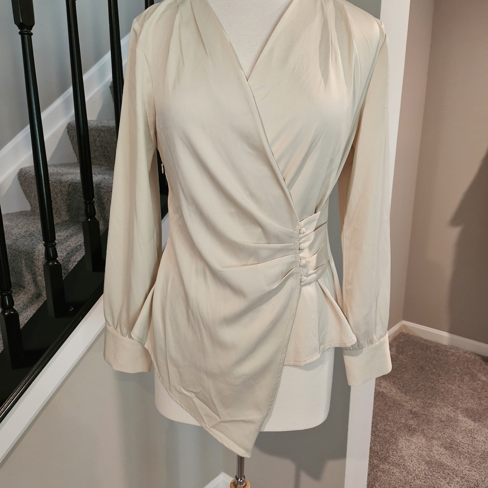 G by Gracia Elegant Beige Wrap Long Sleeve Blouse (Size M)